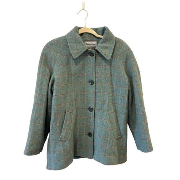 Donegal Design Ireland Irish 100% Wool Green Blue Plaid Pea Coat Jacket Small - Picture 1 of 9
